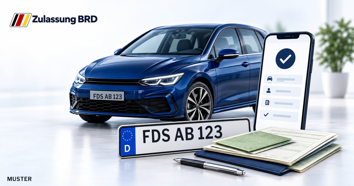 Online Fahrzeugzulassung in Landkreis Freudenstadt: Musterkennzeichen FDS AB 123, Auto und Fahrzeugpapiere und Smartphone. Illustration mit Logo von Zulassung BRD.